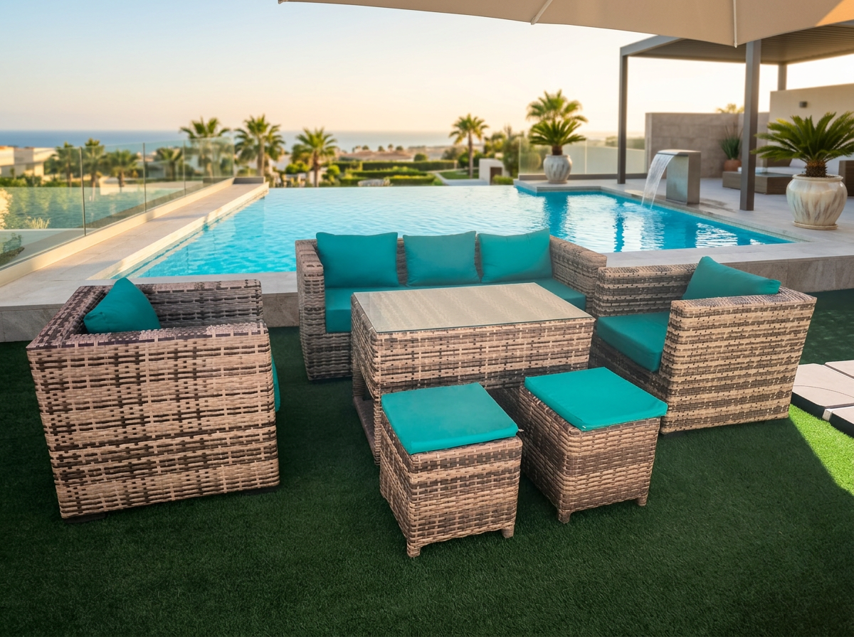 Salon de jardin en résine tressée installé sur une terrasse